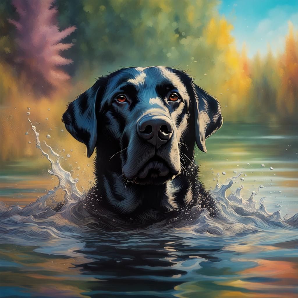 Black Lab Swimming: Hyperrealistic Splash Art Portrait
