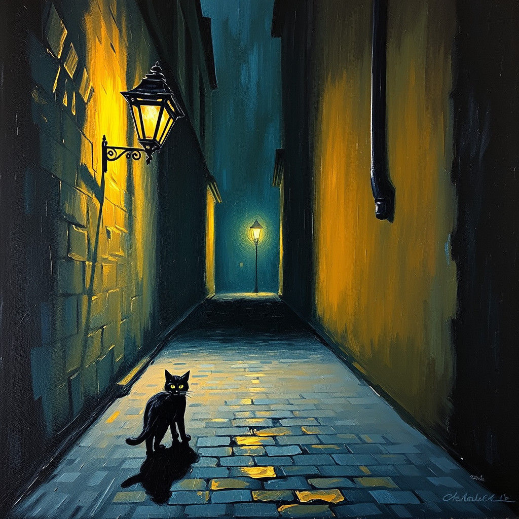 Dark Alley Cat in Neo-Impressionist Style