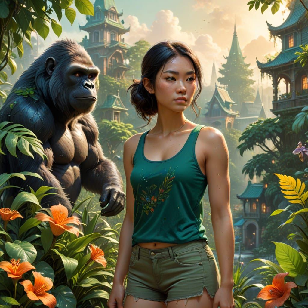 Asian Woman in Lush Garden City with Wildlife