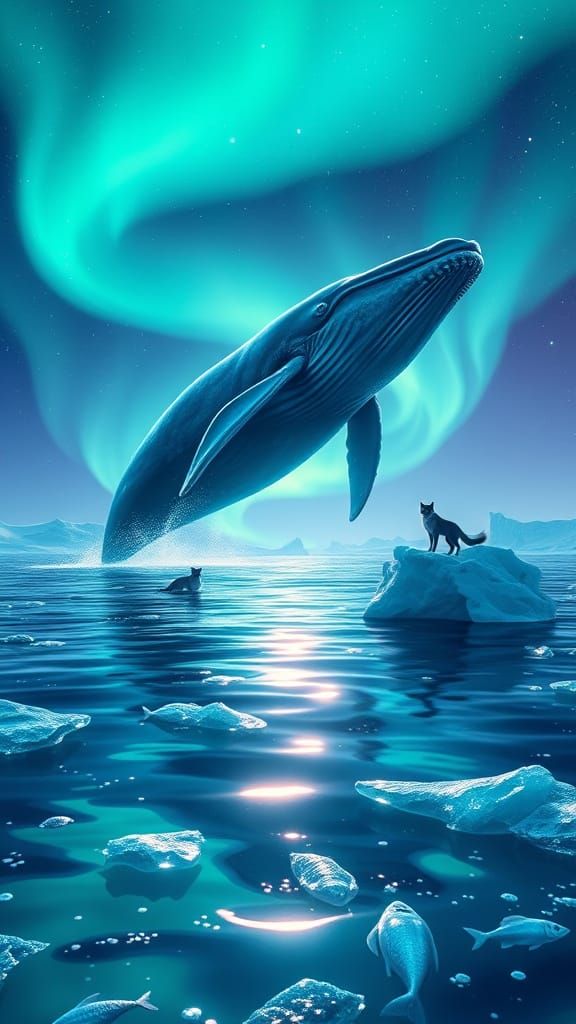 Whale Silhouetted Against Northern Lights in a Dreamlike Arc...