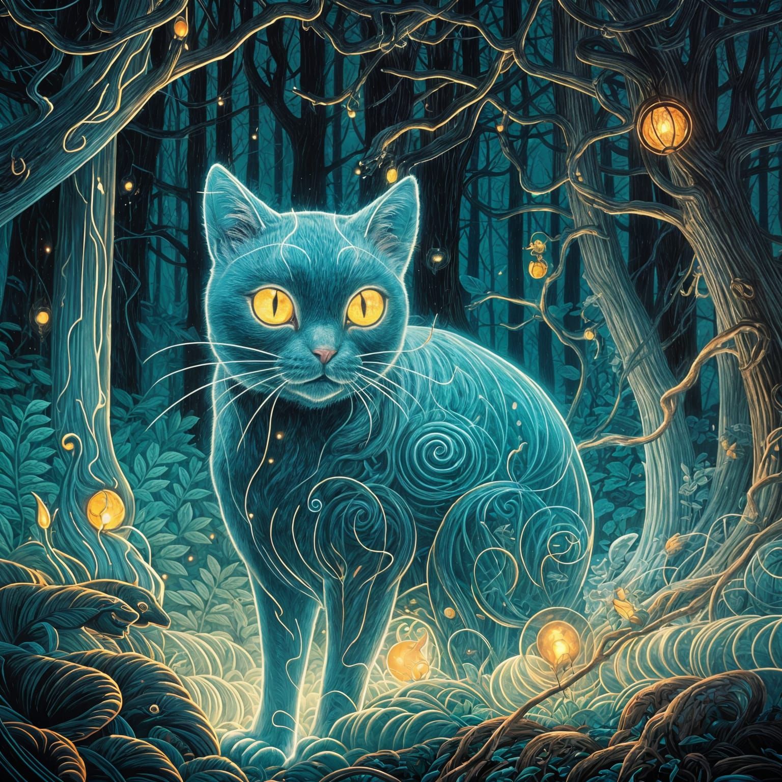 Translucent Ghost Cat in Haunted Forest: Pop Surrealism