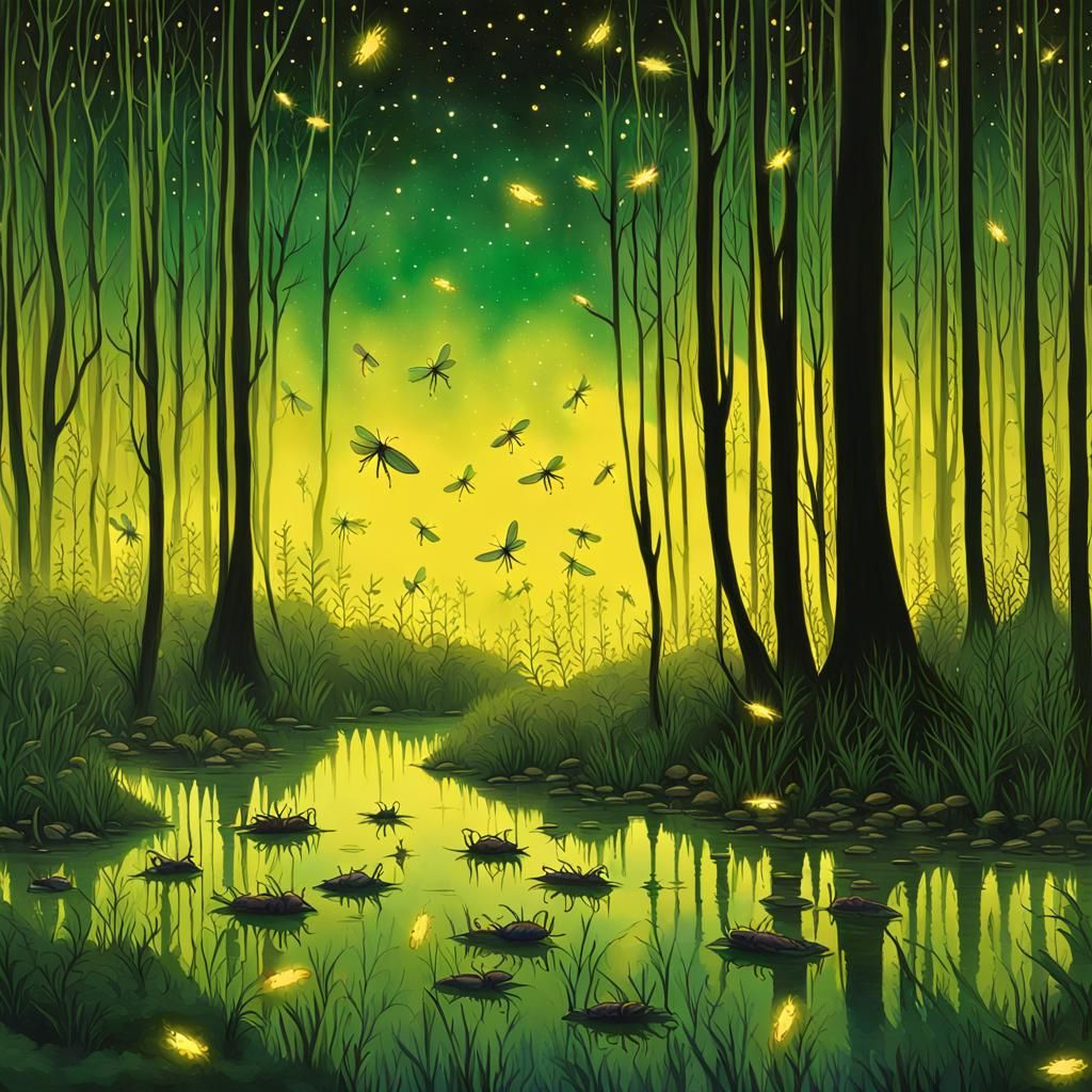 Enchanting Moonlit Swamp with Dancing Fireflies