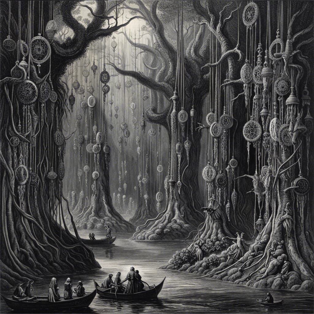 Gothic Horror Swamp with Dreamcatchers, Detailed Illustratio...
