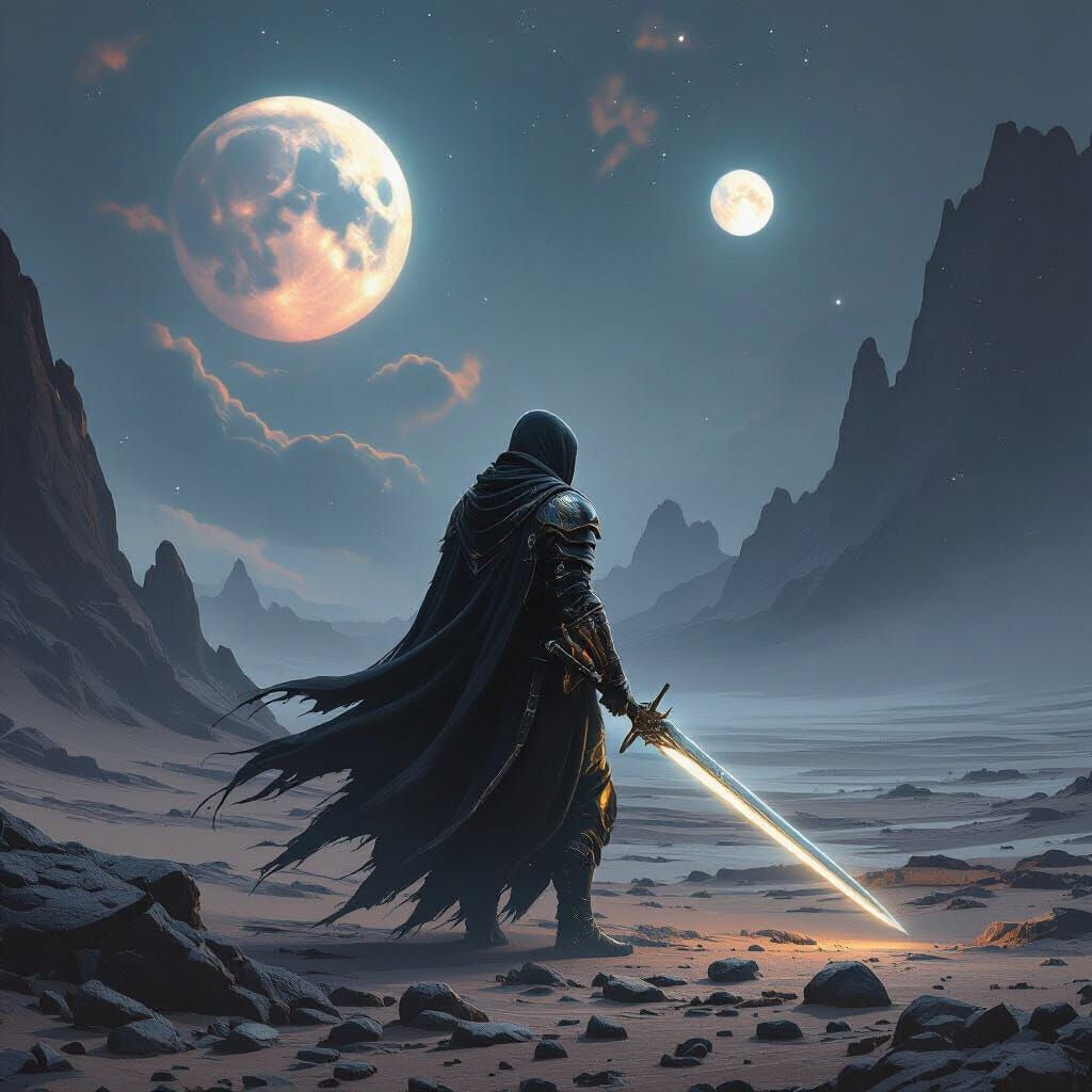 Warrior on Alien Planet with Twin Moons