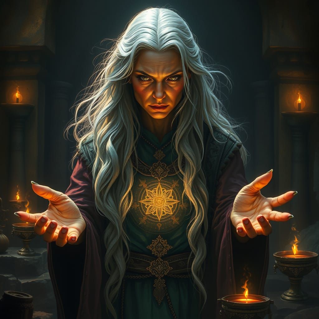 Ancient Sorceress Casting Spell in Mystical Chamber