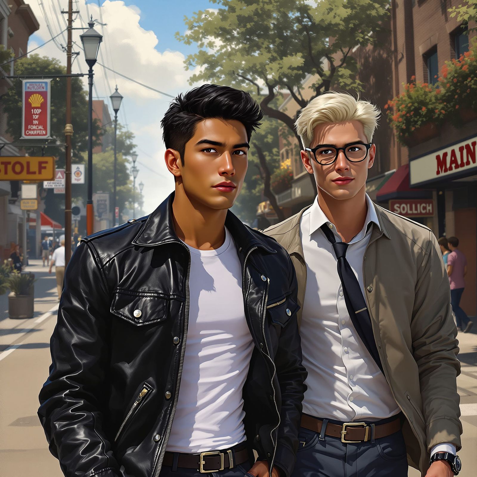 1950s College Men Walk Main Street in Detailed Matte Paintin...