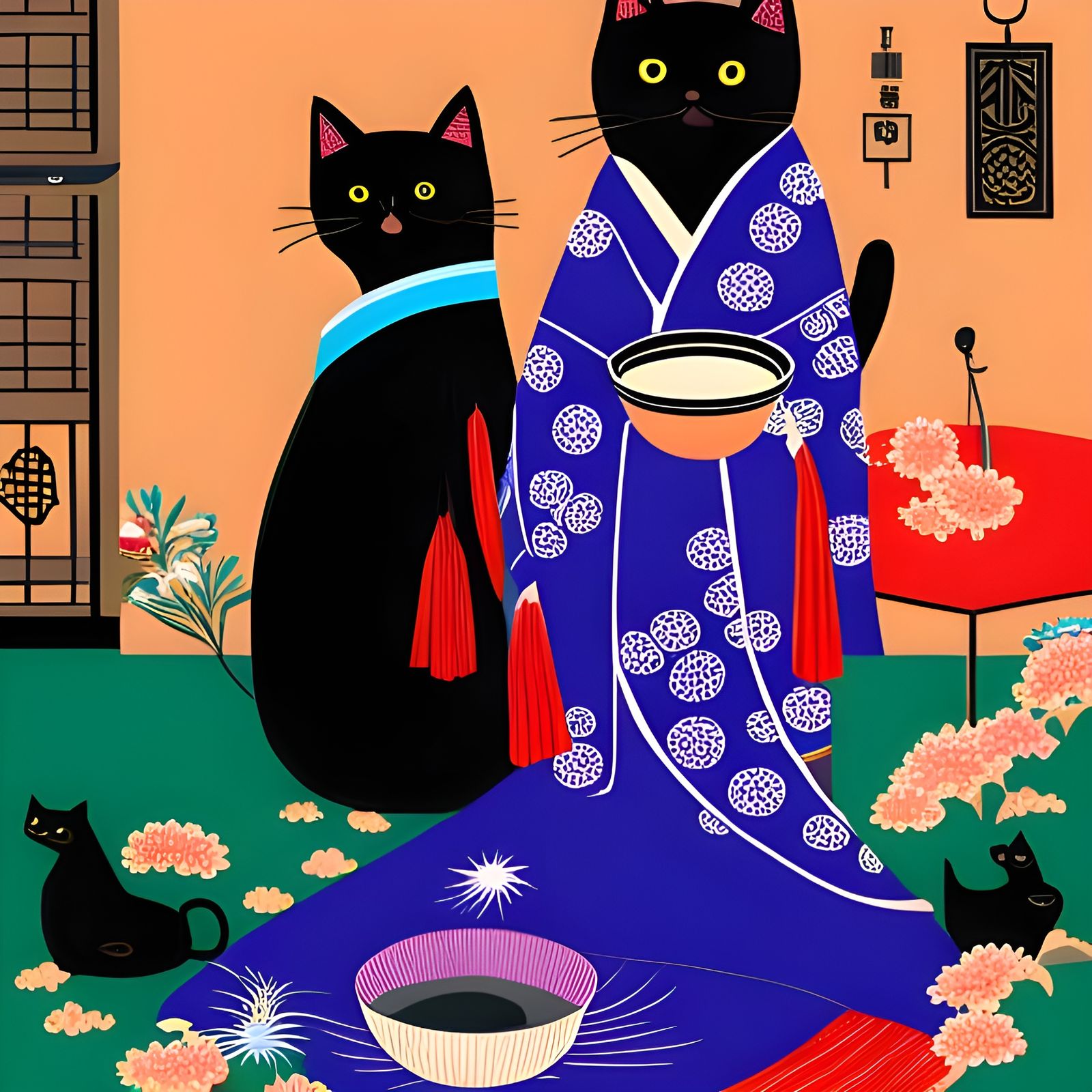 Black Cat Couple at Tanabata Festival in Art Brut Style