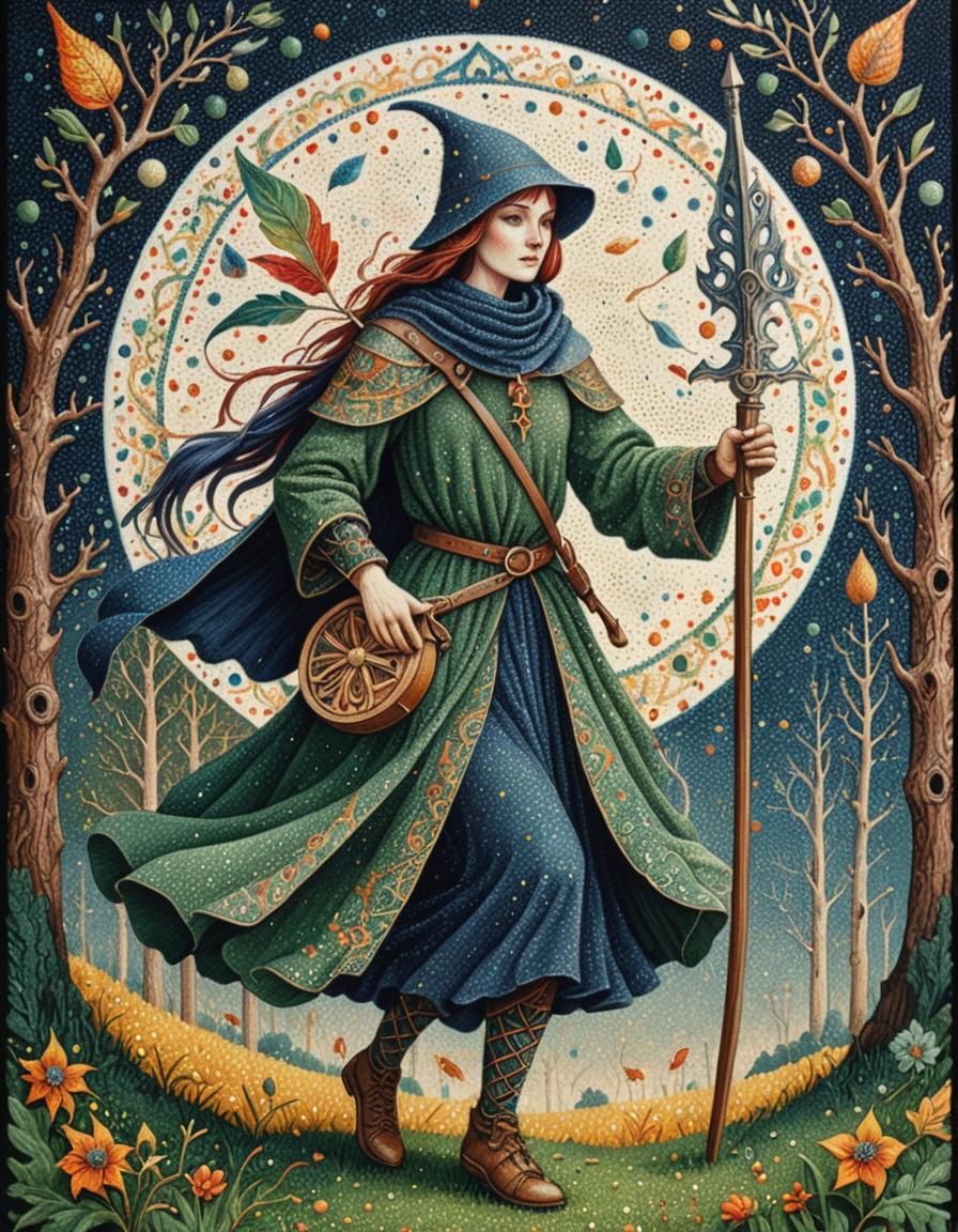 Medieval Hunter Spirit in Pointillist Fairycore Style