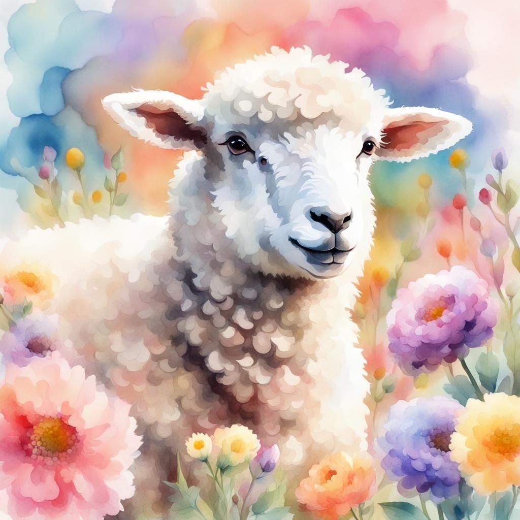 Watercolor Lamb in a Flower Meadow