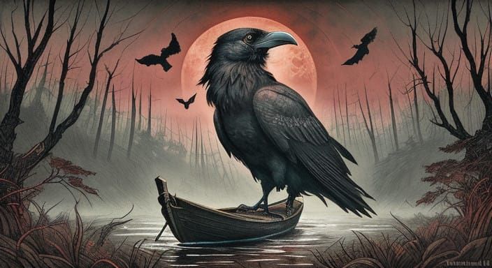 Majestic Raven on Worn Boat in Mysterious Swampy Landscape,....