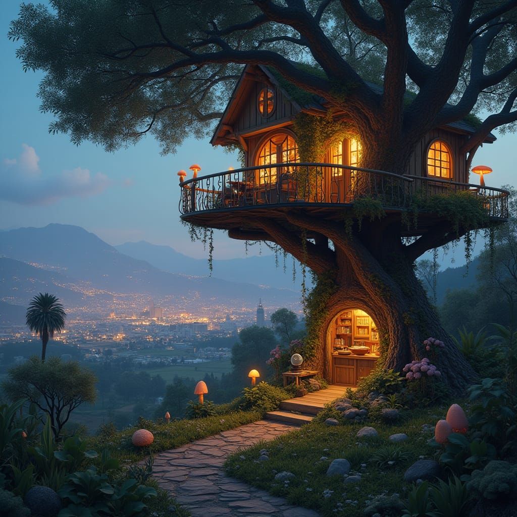 Enchanted Treehouse Oasis in Hyperrealistic Coachella Valley