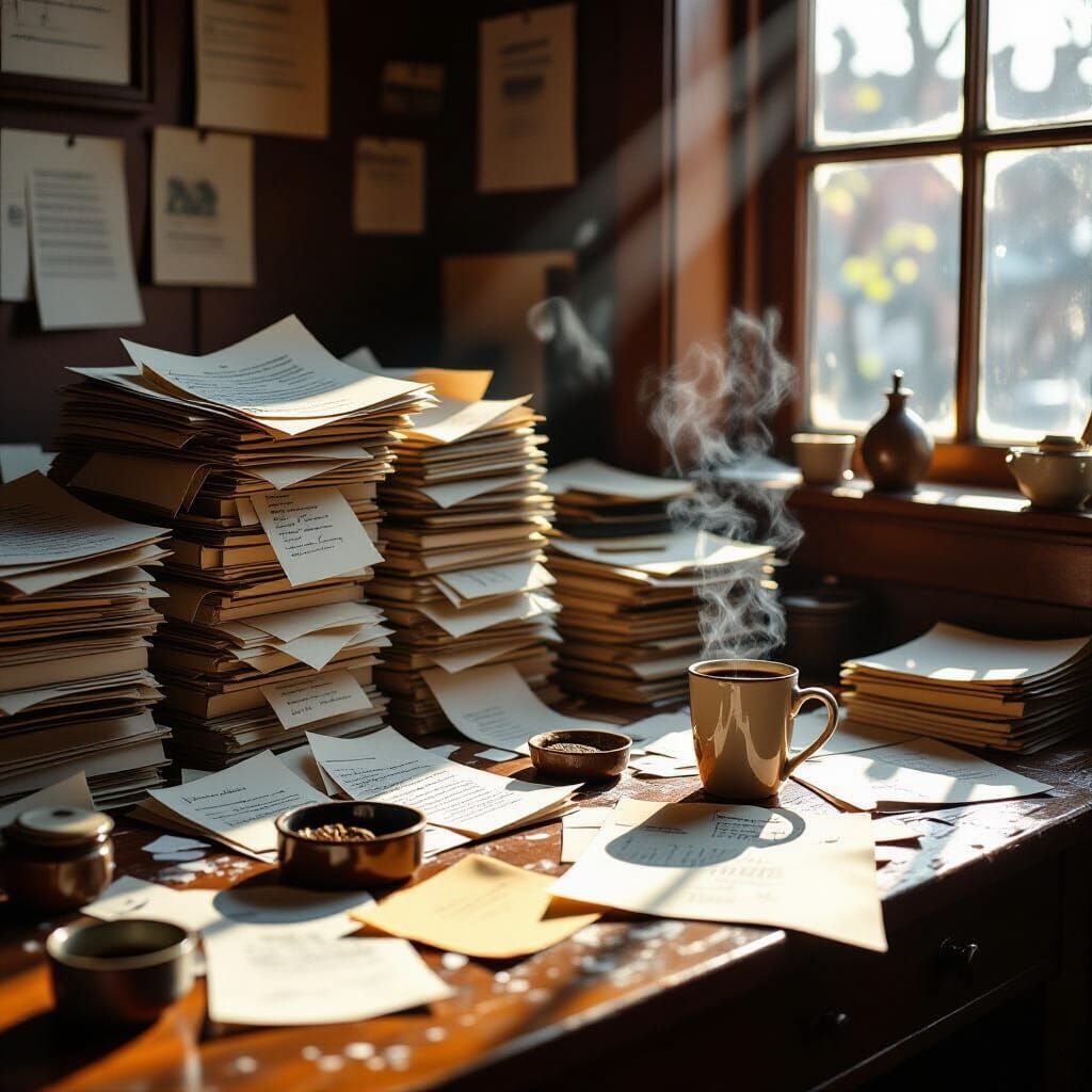 Cluttered Desk with Coffee and Notes in Dramatic Light
