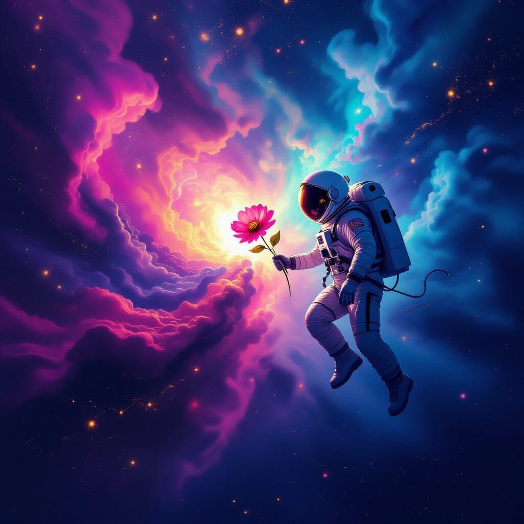 Astronaut in Nebula of Ink Splashes, Holding Cosmic Flower