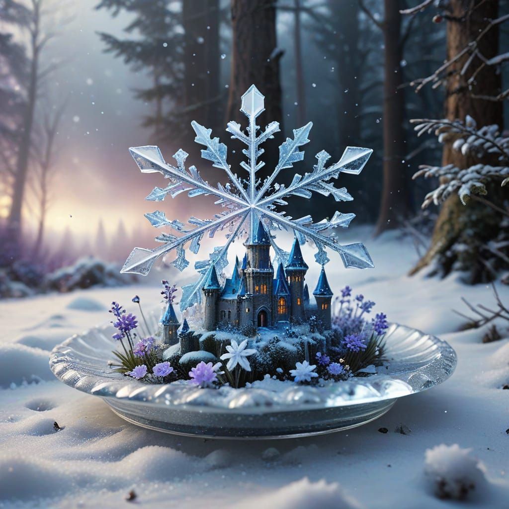 Ethereal Glass Snowflake With Rainbow Castle in Misty Forest