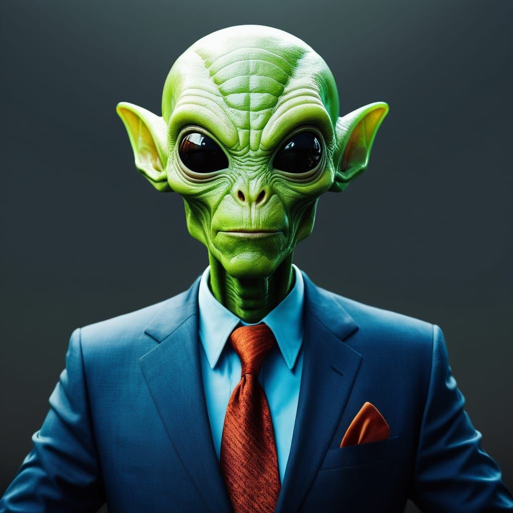 Friendly Alien Salesman with a Curious Expression