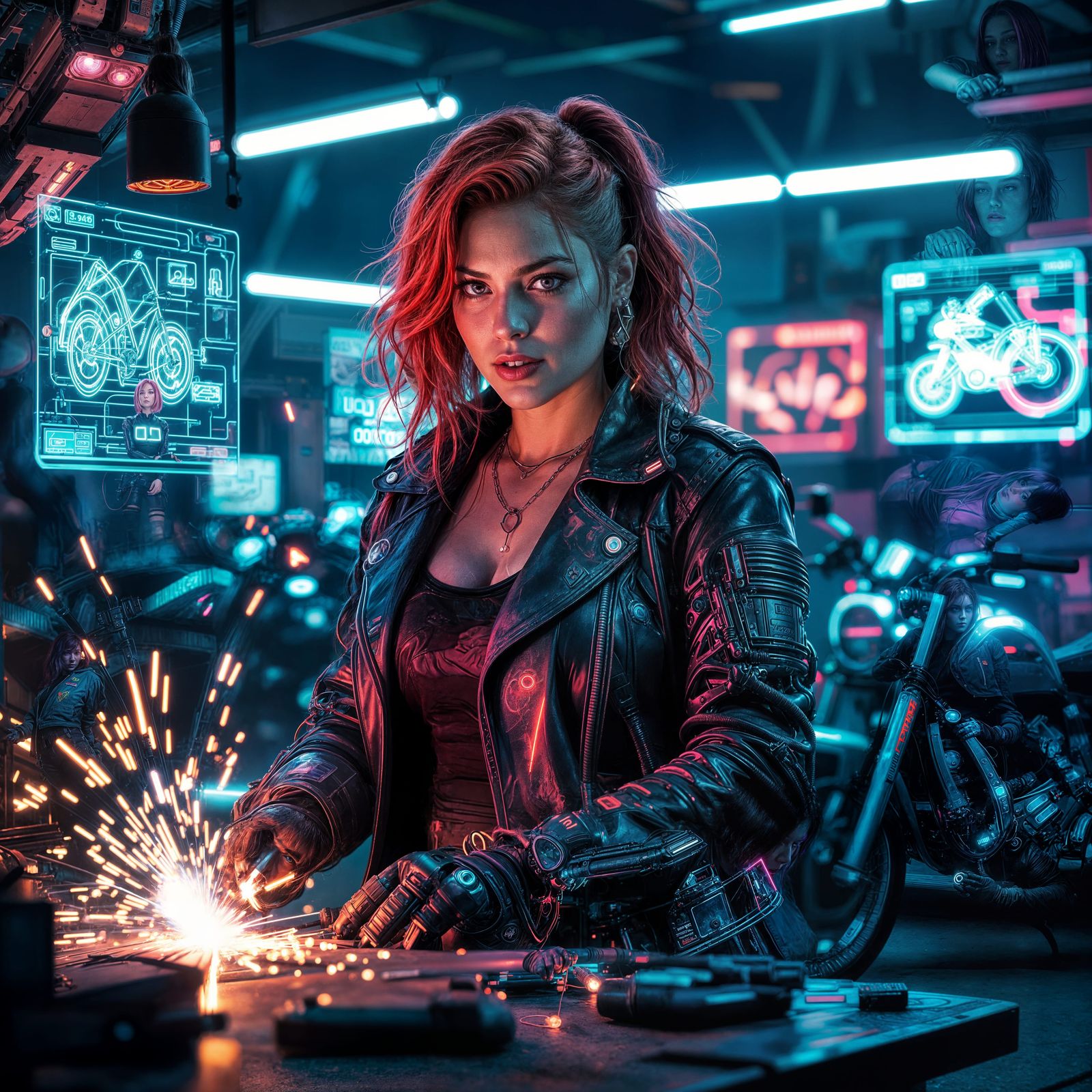 Cyberpunk Mechanic in Neon-Lit Workshop