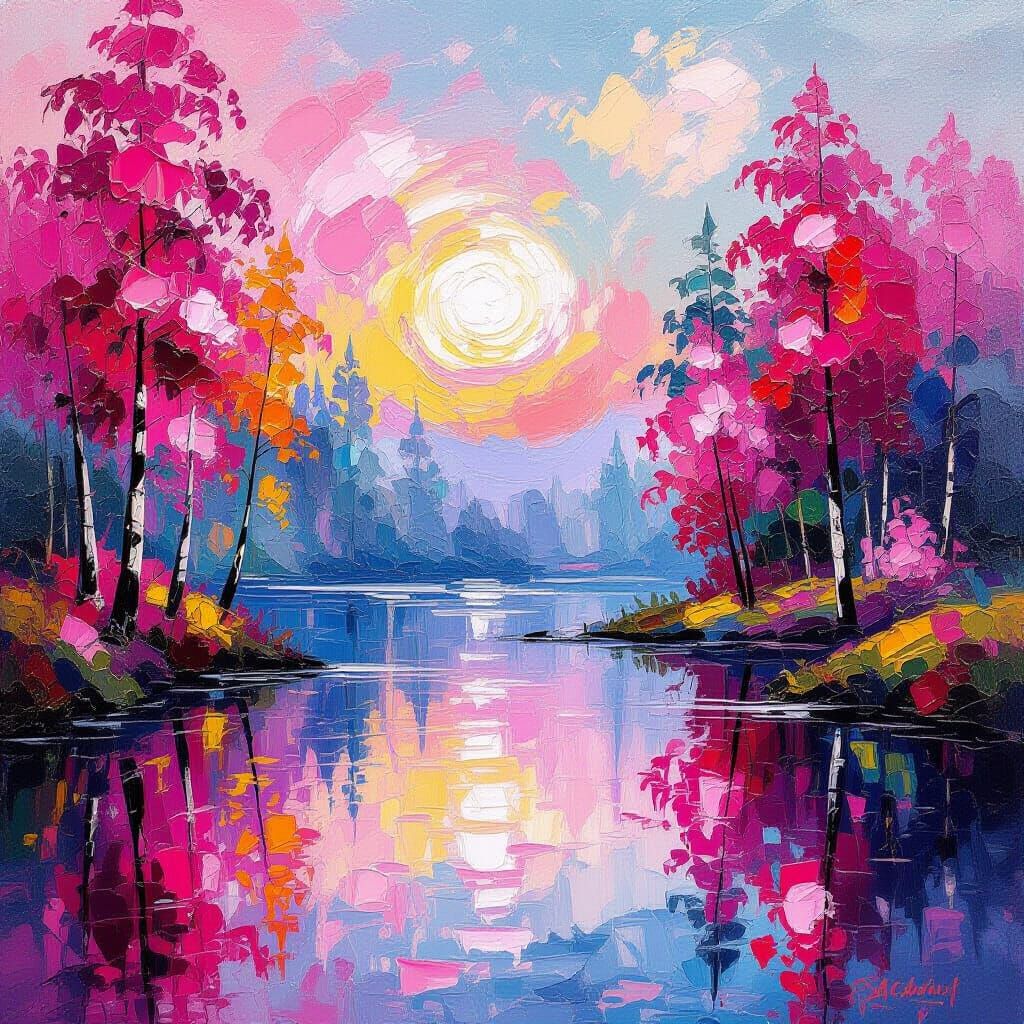 Pink Forest Lake in Impressionistic Oil Painting Style