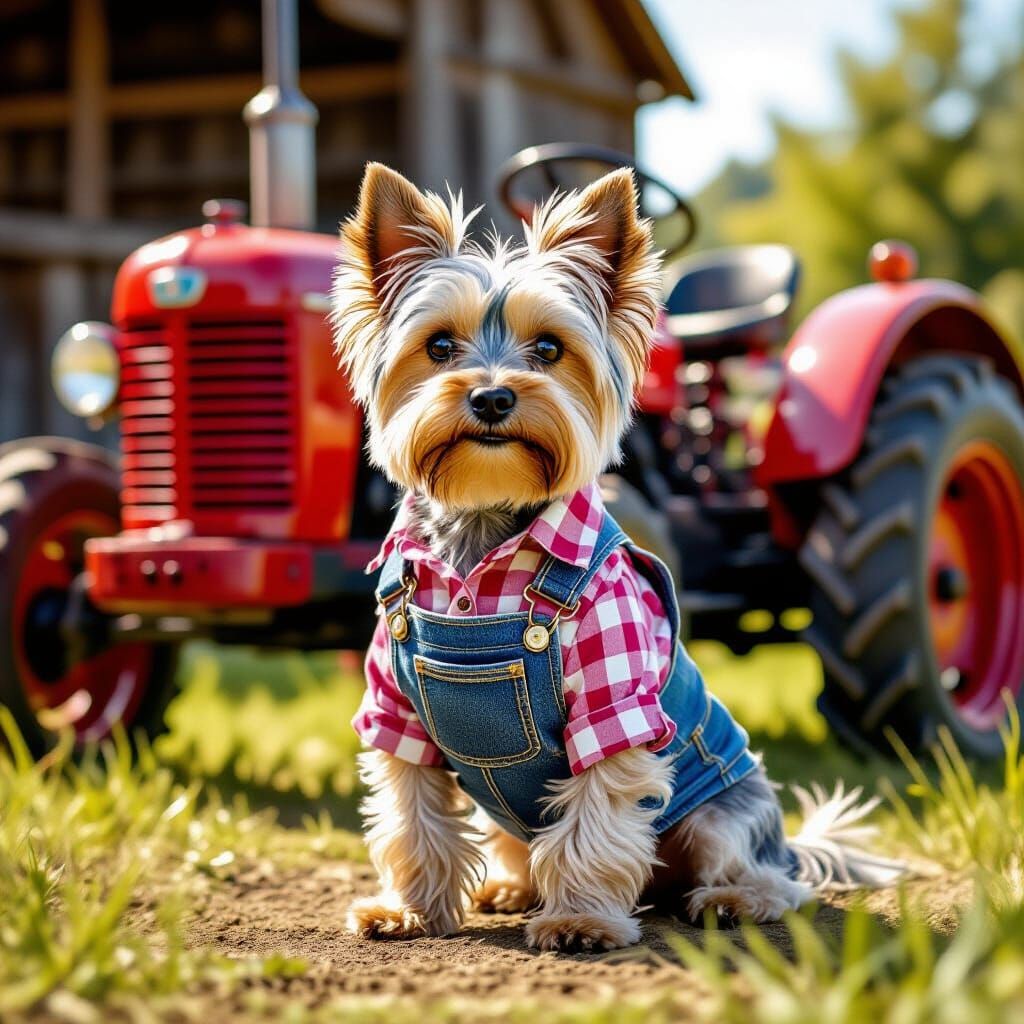 Yorkshire Terrier in Overalls by Vintage Tractor