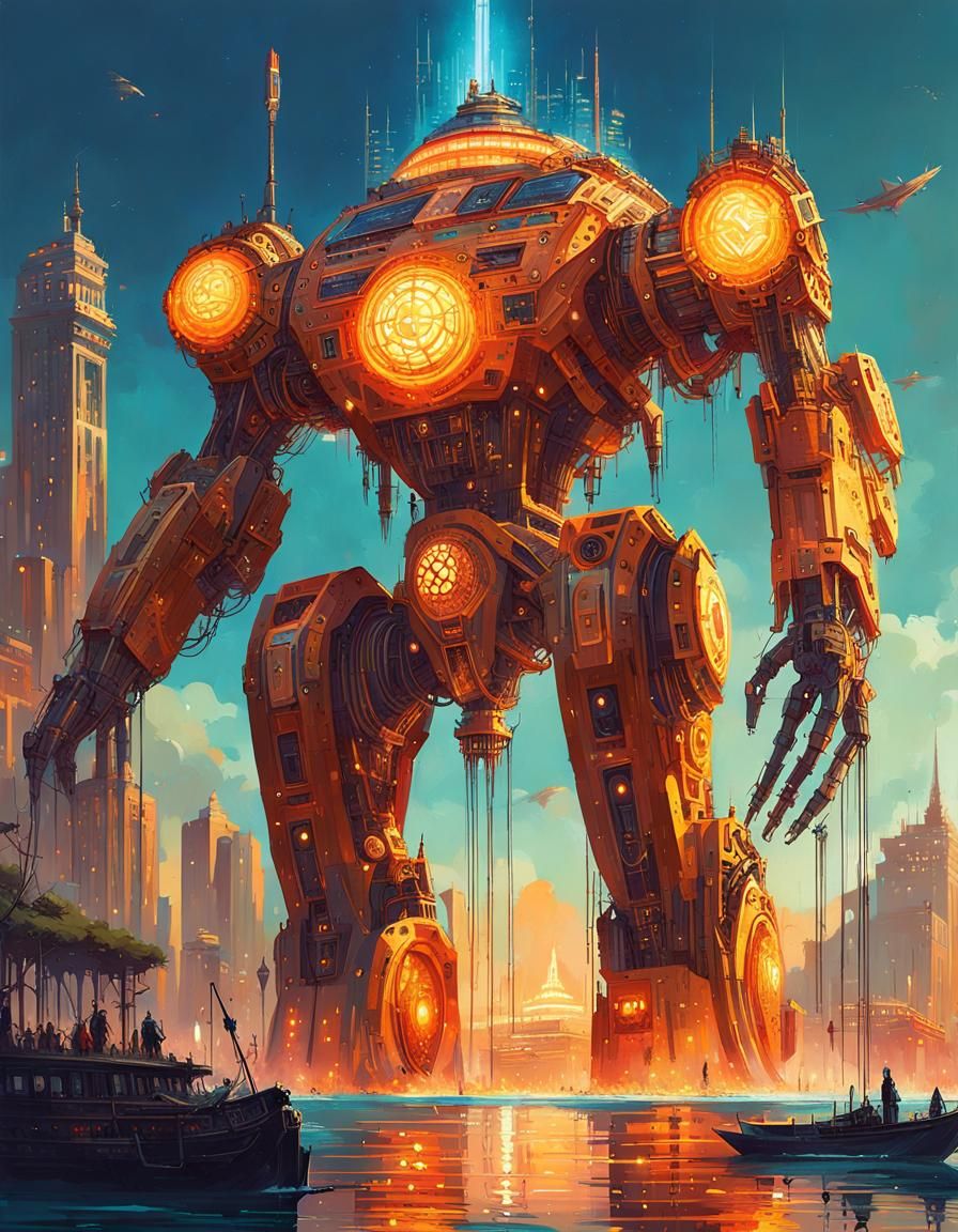 Solarpunk Colossus in Futuristic Grecian City