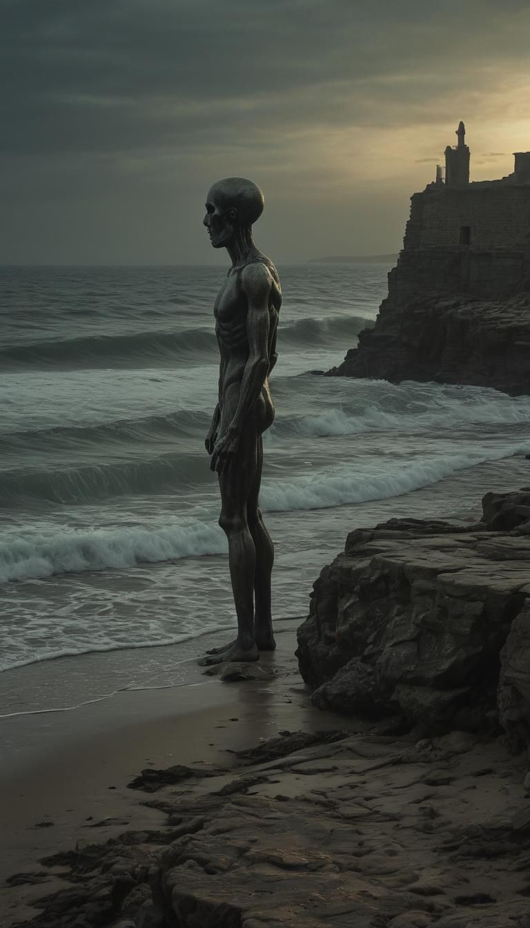 Eerie Spectral Figure at Ocean's Edge in Surreal Style
