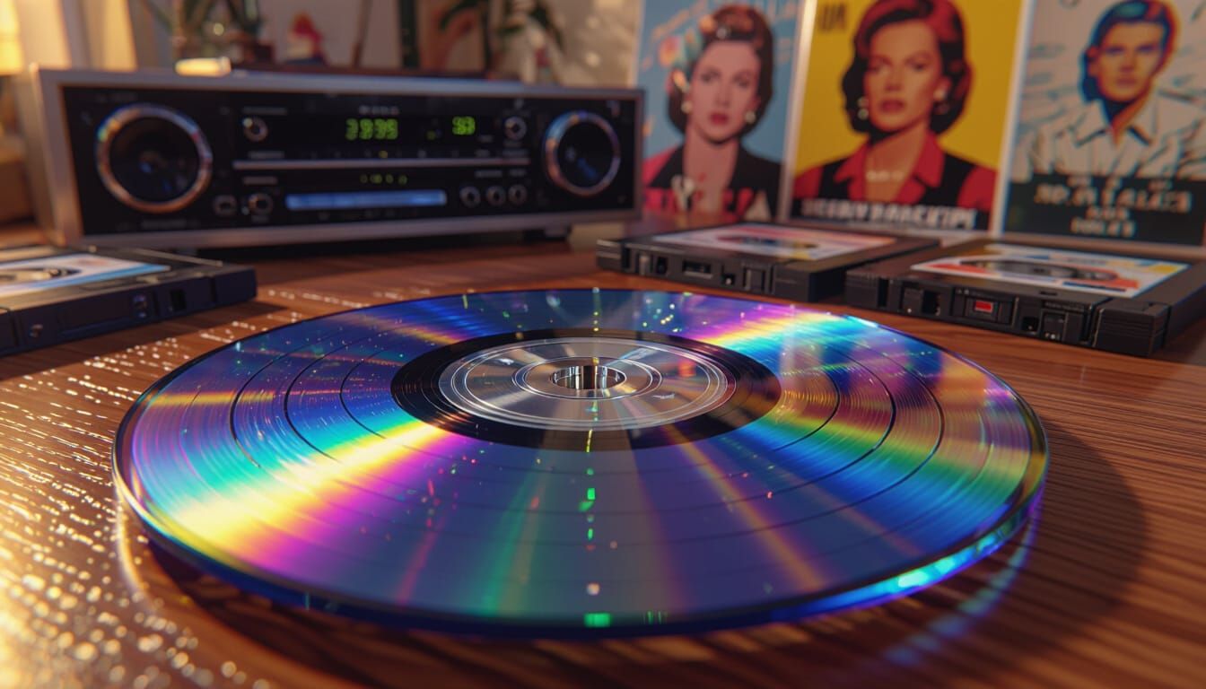 Shiny CD Reflecting Rainbows in 90s Living Room