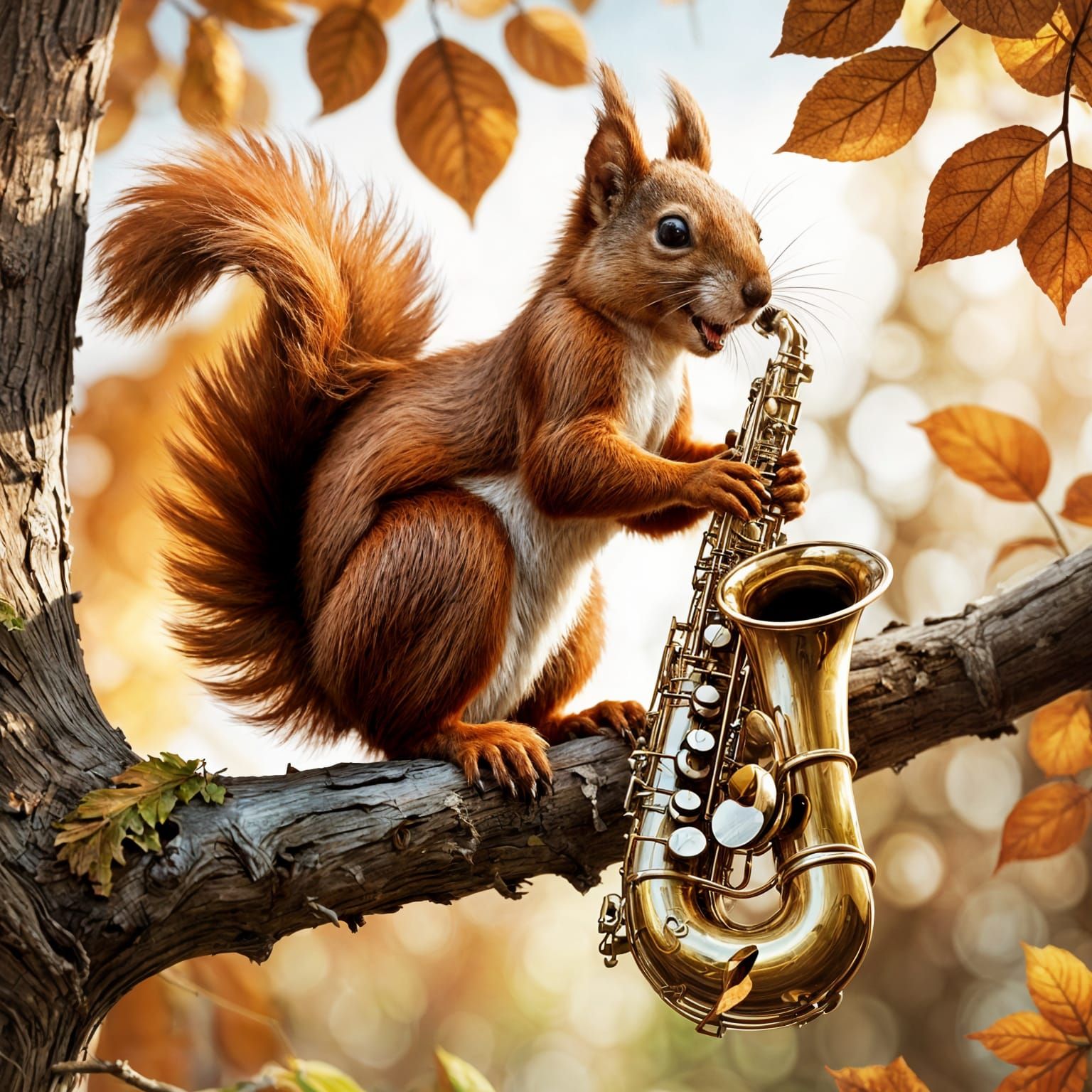 Red Squirrel Plays Saxophone in Tree