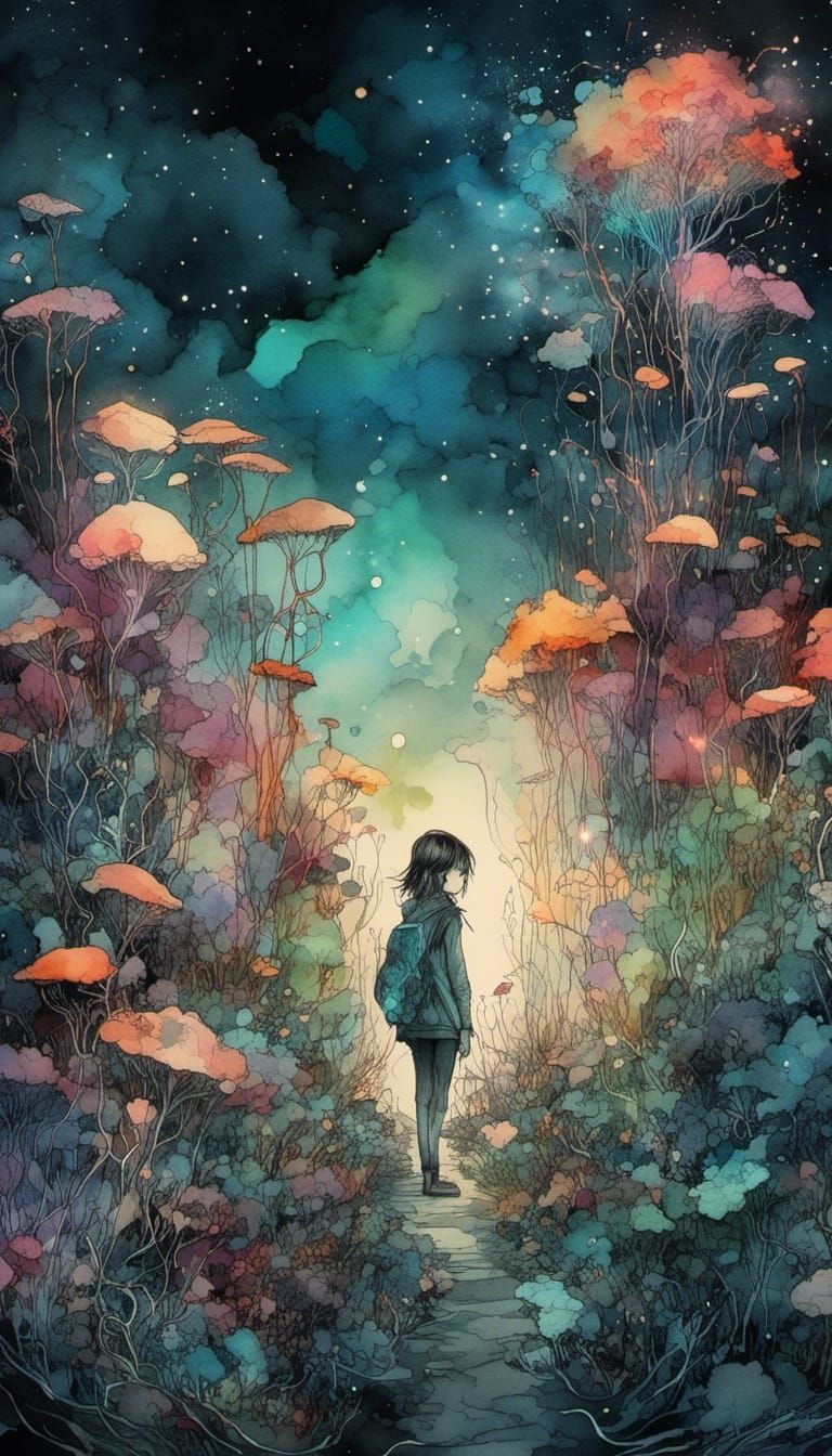 Bioluminescent Girl Among Fungi in Watercolor Style