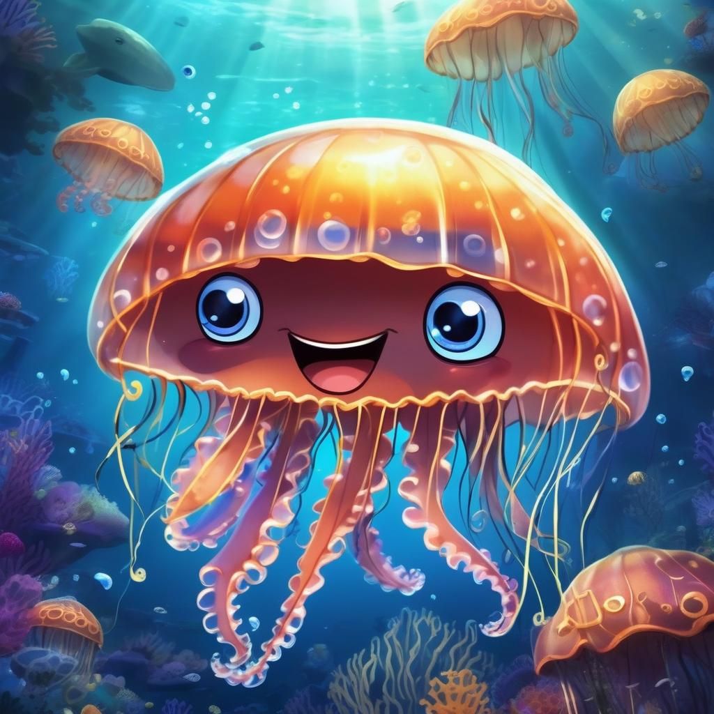 Happy Jellyfish Cartoon Illustration in Anime Style