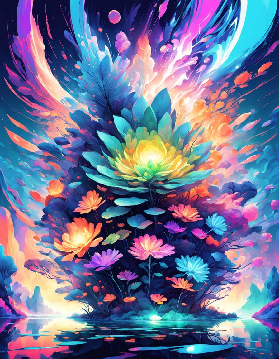 Crystalline Island Above Liquid Light Ocean in Neon Glow