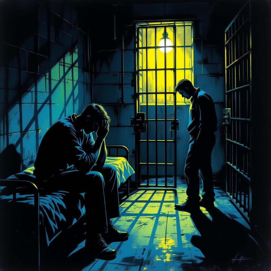 Desperate Men Confined in Dimly Lit Jail Cell