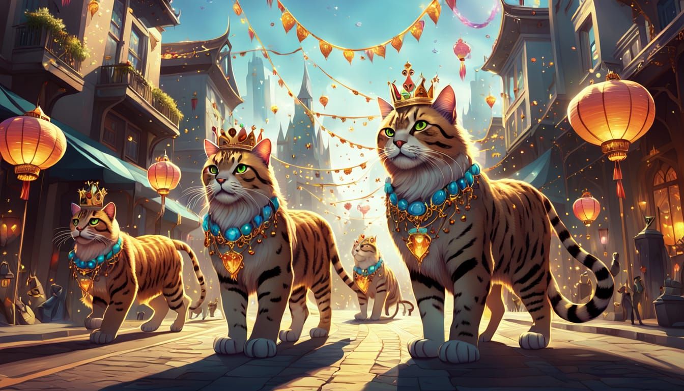 Giant Cats Parade in Fantasy Cityscape