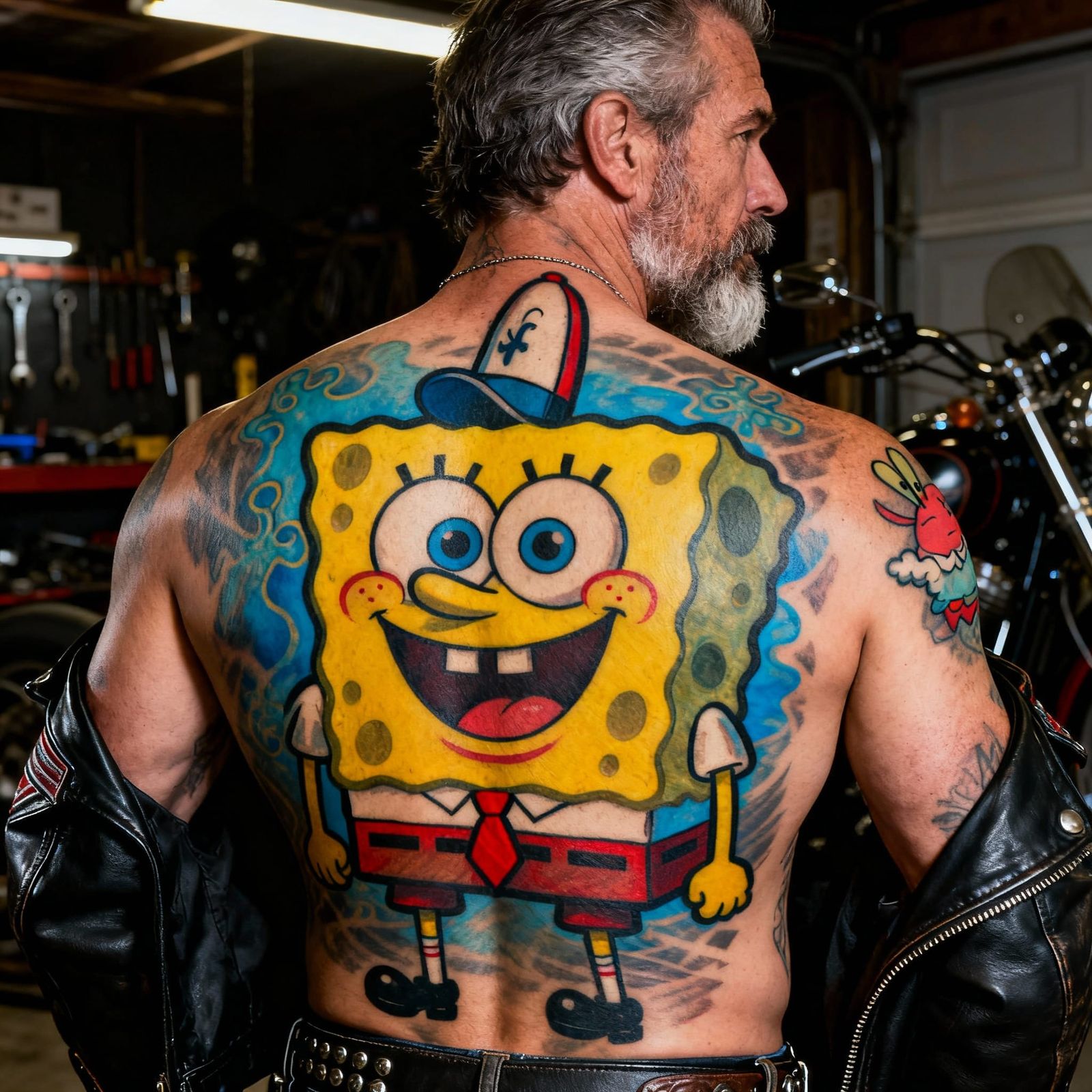 Gruff Biker Sports SpongeBob Tattoo Back Piece