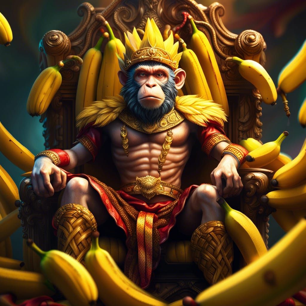 Hyperrealistic Monkey King on Banana Throne