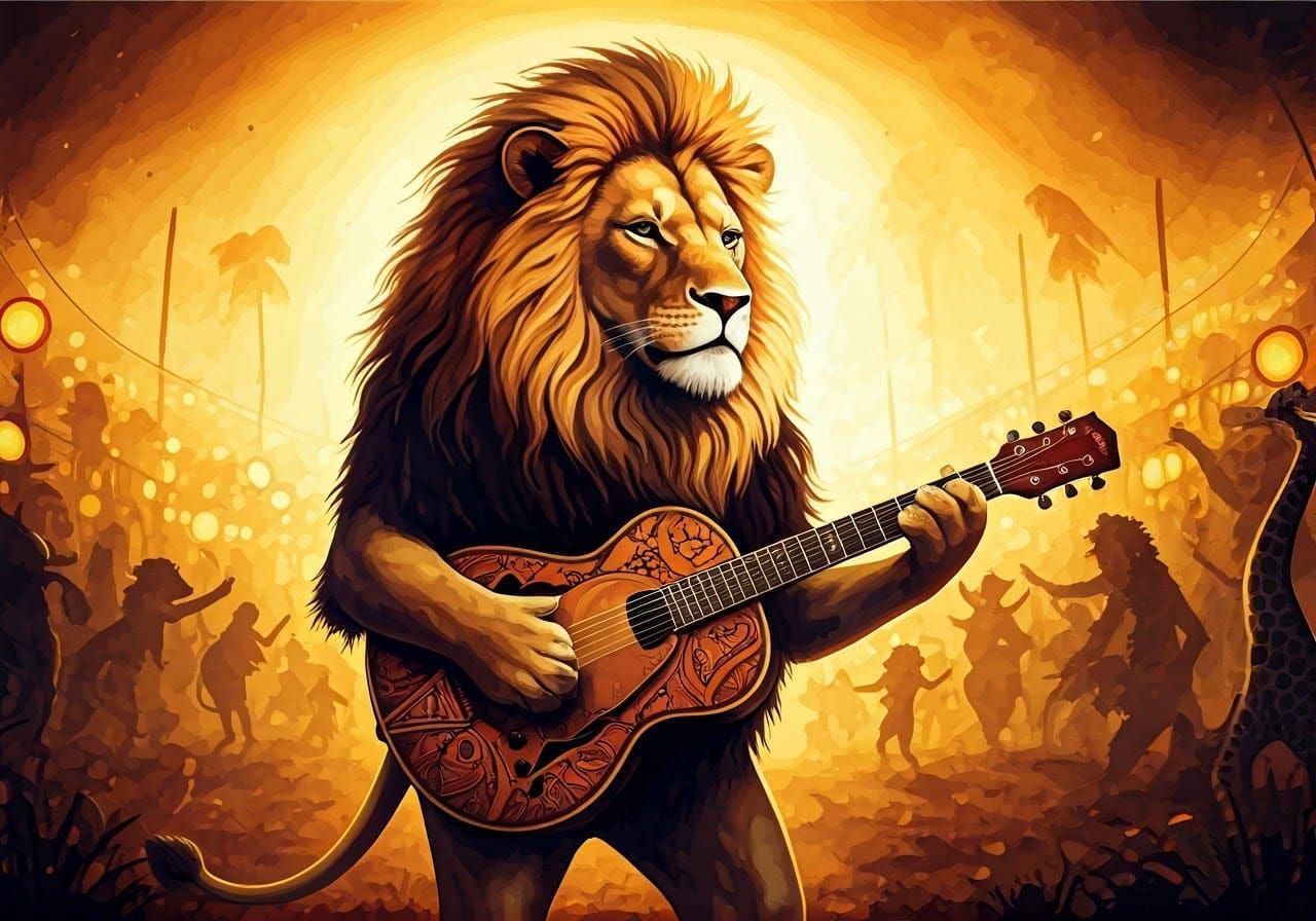 Lion Plays Jazz Guitar at Savanna Festival as Painting