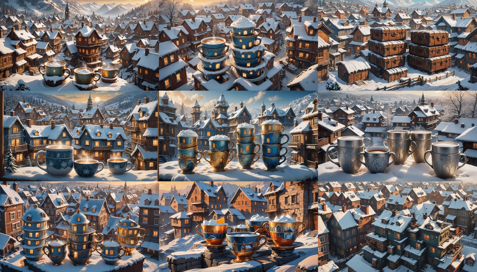 Winter Village: Steaming Cups in Snowy Landscape