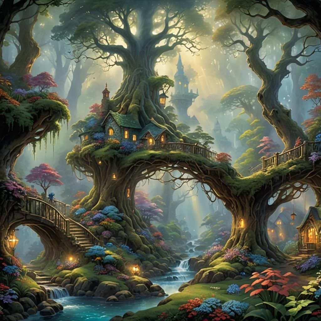 Children Explore Enchanted Forest in Ethereal Fantasy Style