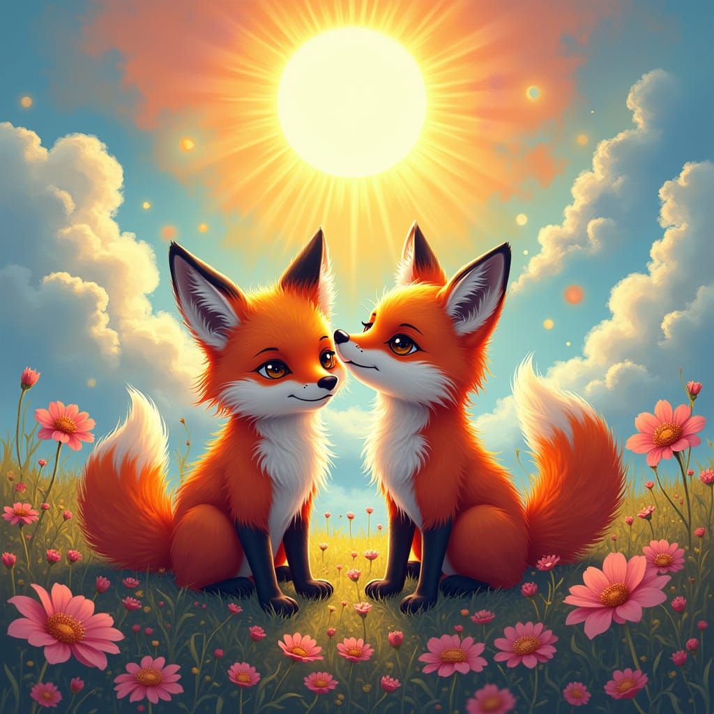 Vibrant Foxes Soar in Heavenly Graffiti Paradise