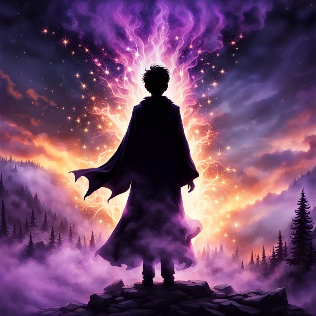 Ethereal Wizard Silhouette in Exploding Fire, Fantasy Art