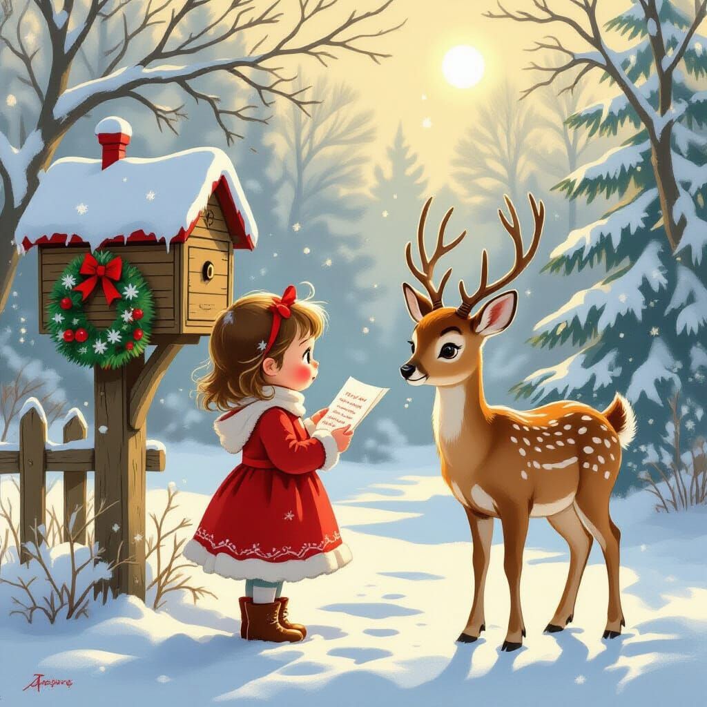 Girl Reads Christmas Letter by Mailbox with Doe