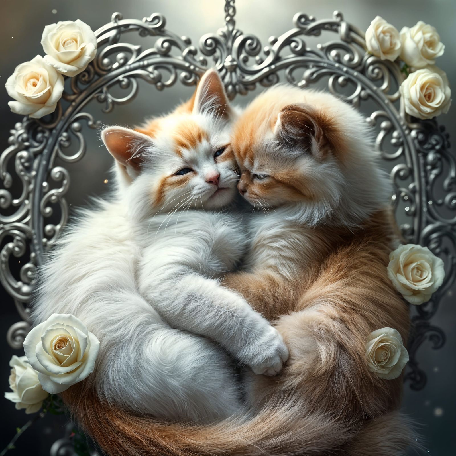 Ragdoll Cats Cuddle in Rose-Adorned Heart Frame
