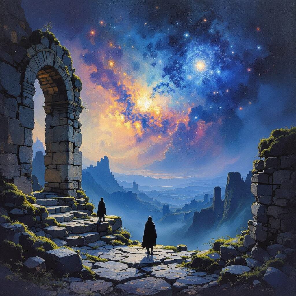 Solitary Figure at Ancient Ruins Under Nebula Sky