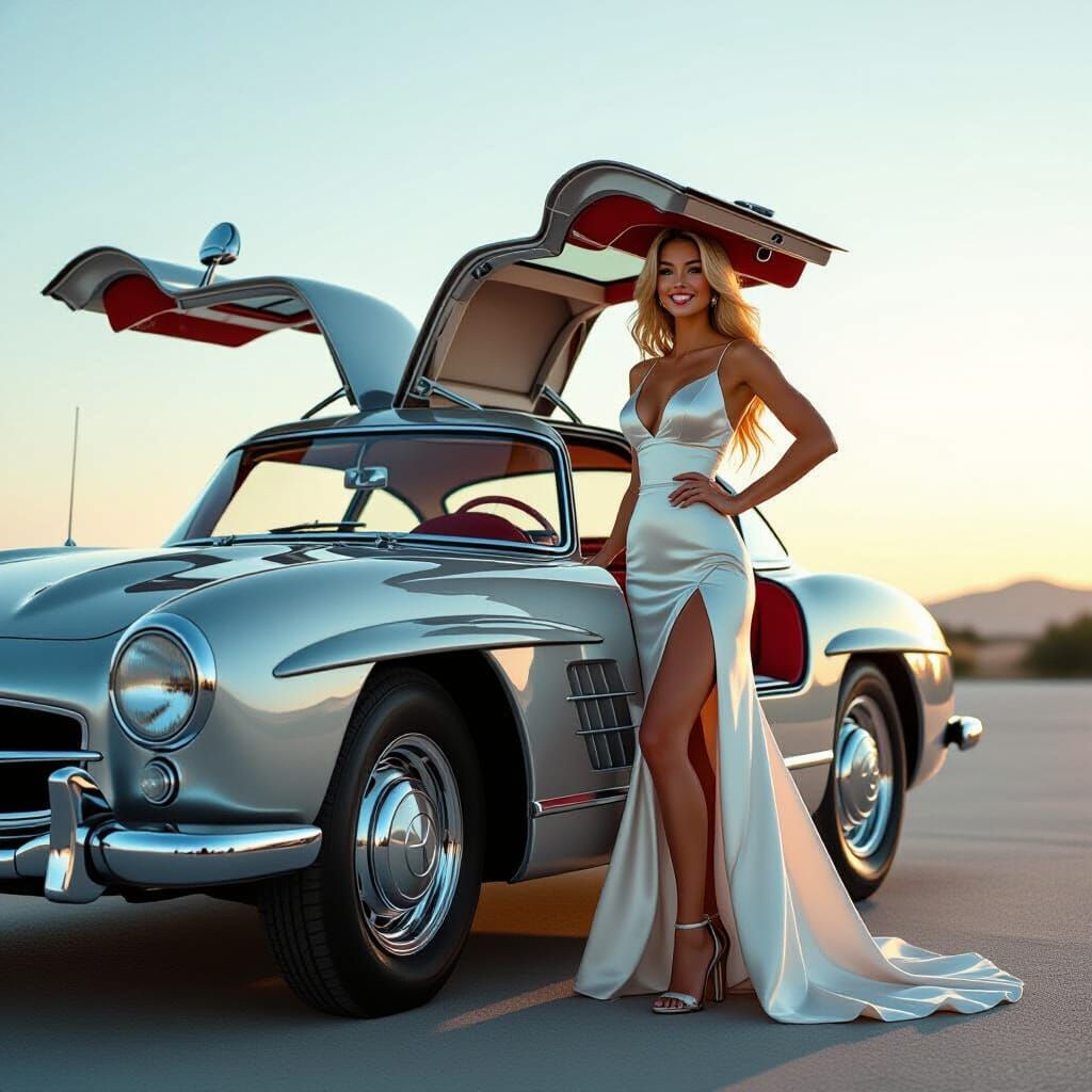 Silver Mercedes 300 SL with Elegant Woman