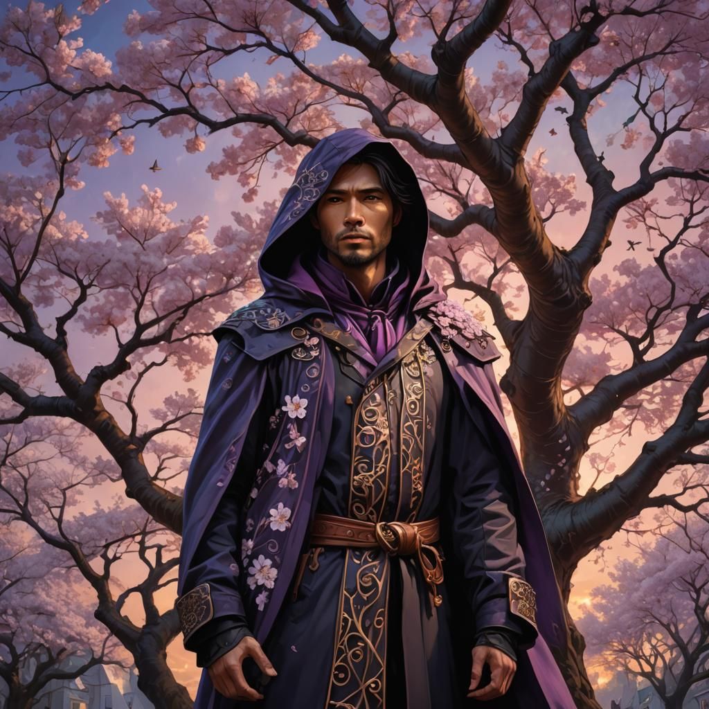 Dark Fantasy: Cherry Blossoms and Hooded Figure