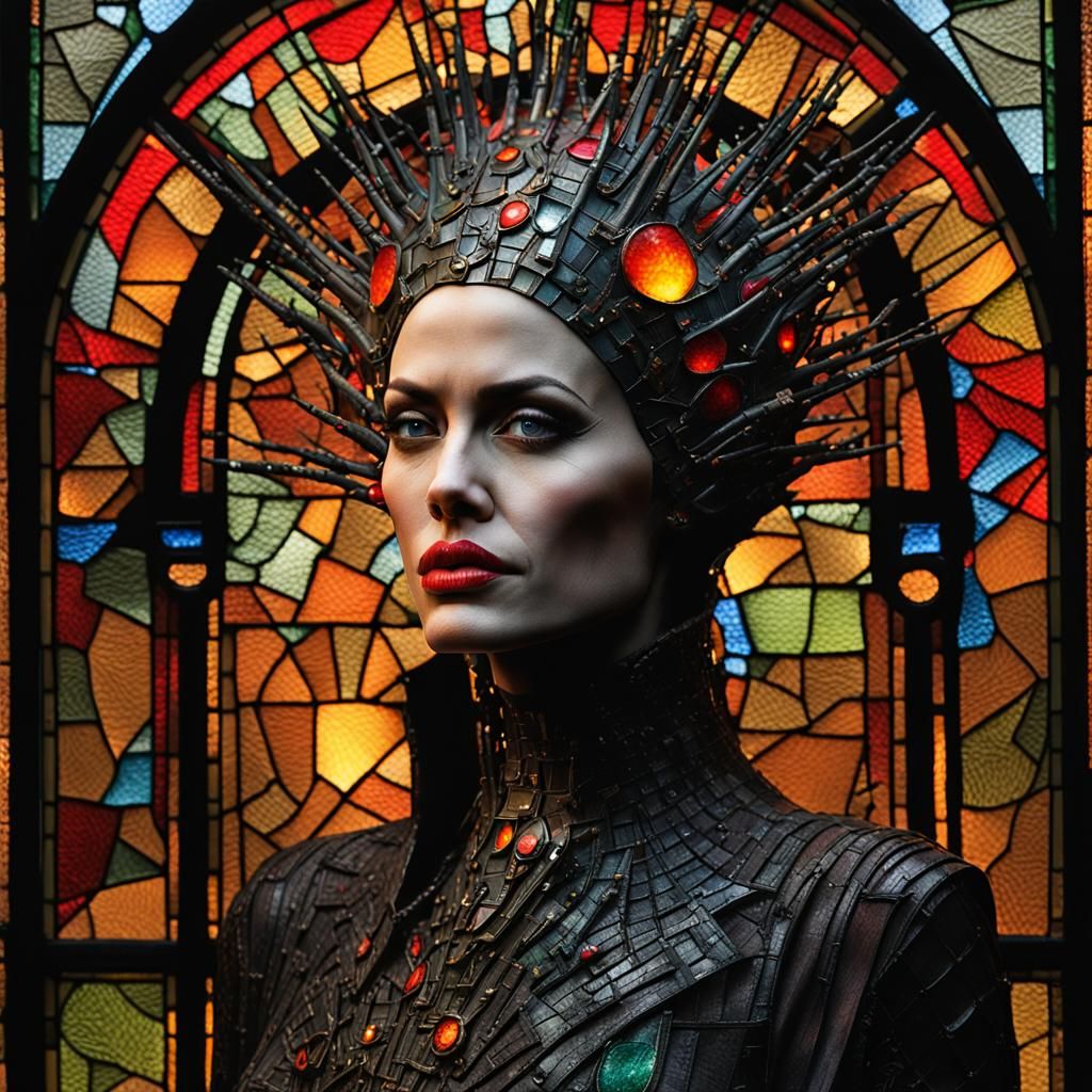 Stained-Glass Pinhead Rising from Flames: Dark Fantasy