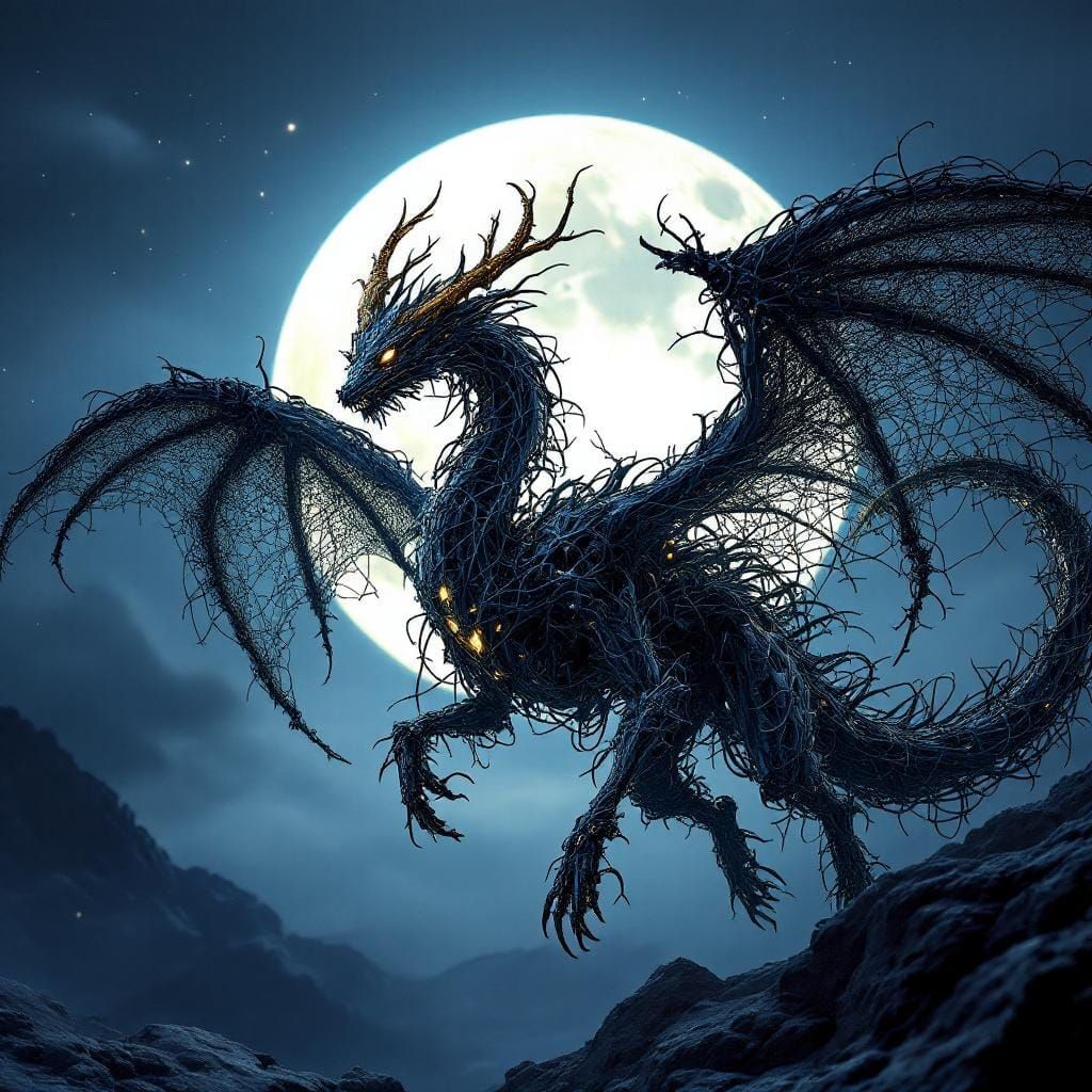 Mecha Dragon Descending From Night Sky in Fantasy Art Style