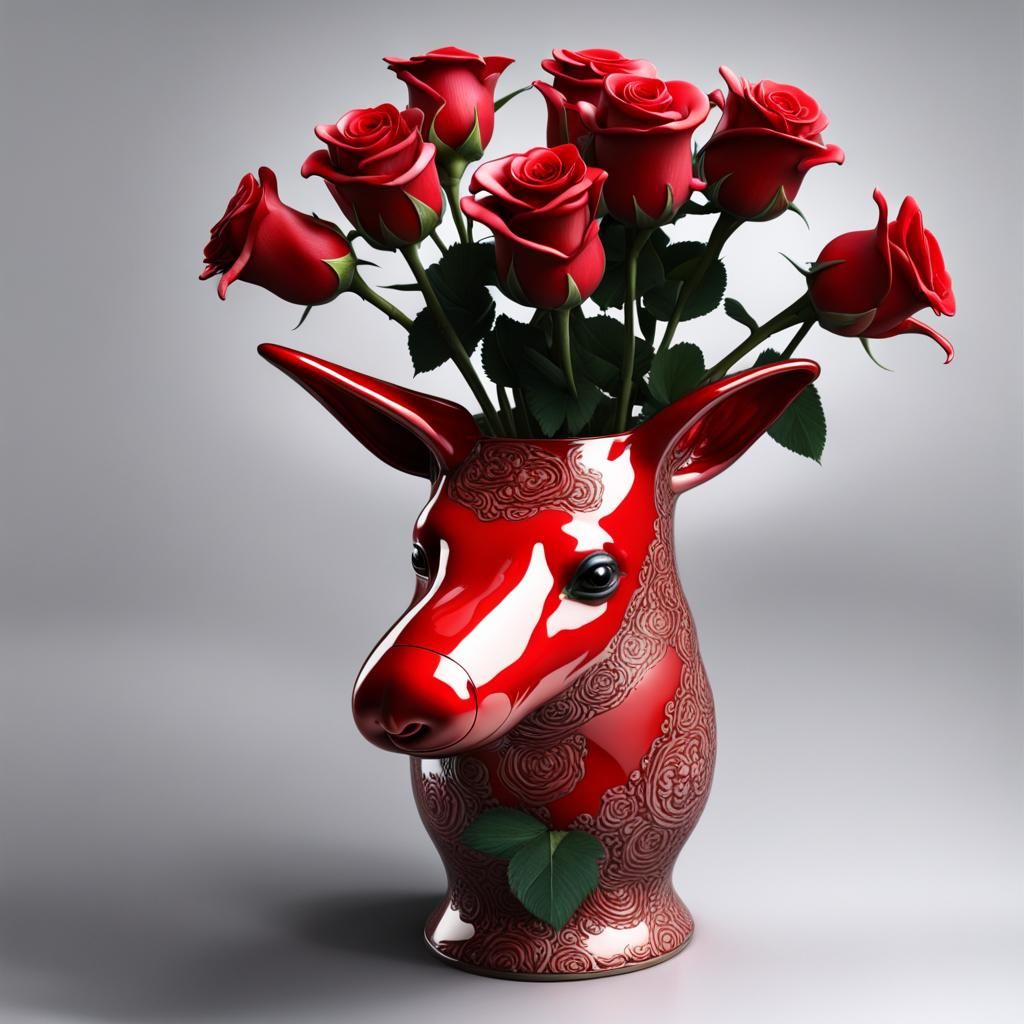 Hyperrealistic Aardvark Vase with Red Roses