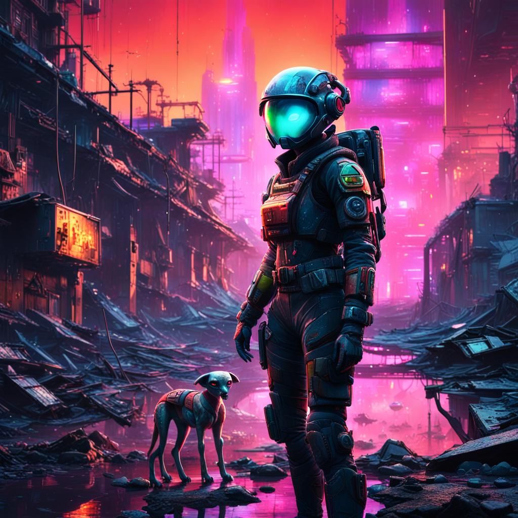 Alien Soldier Girl in Ruined Sci-Fi Cityscape