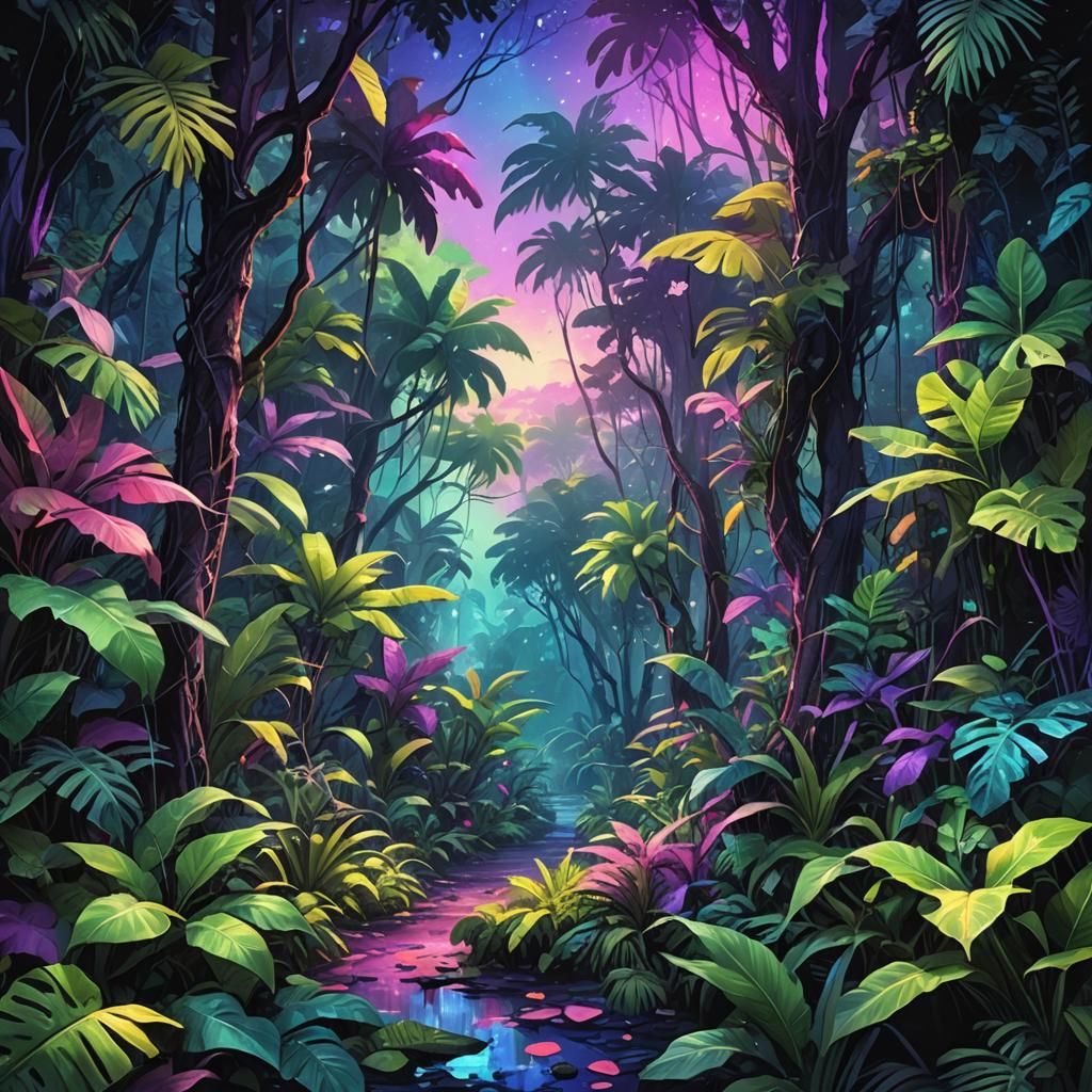 Neon Jungle Fantasy Art in Watercolor Style