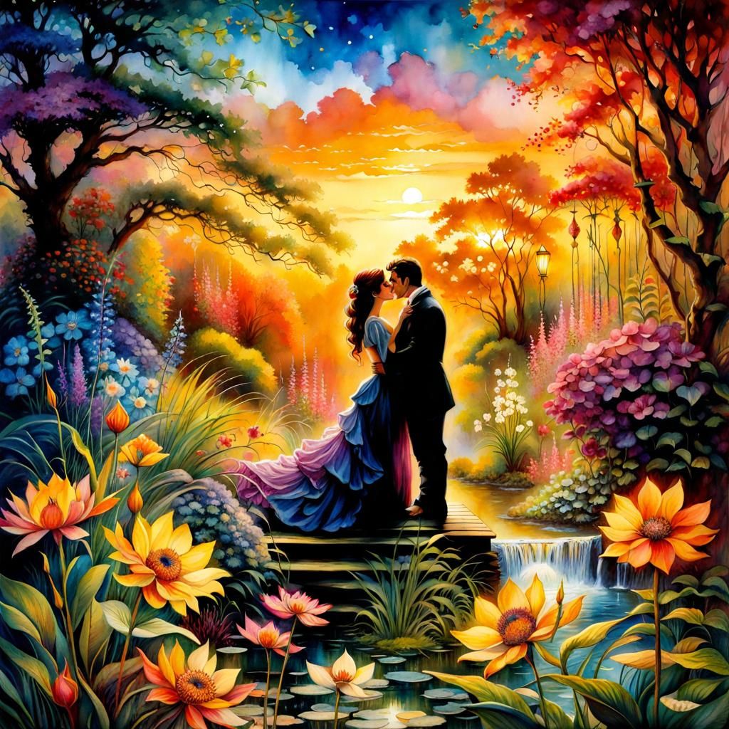 Floral Garden Painting in Art Nouveau Style