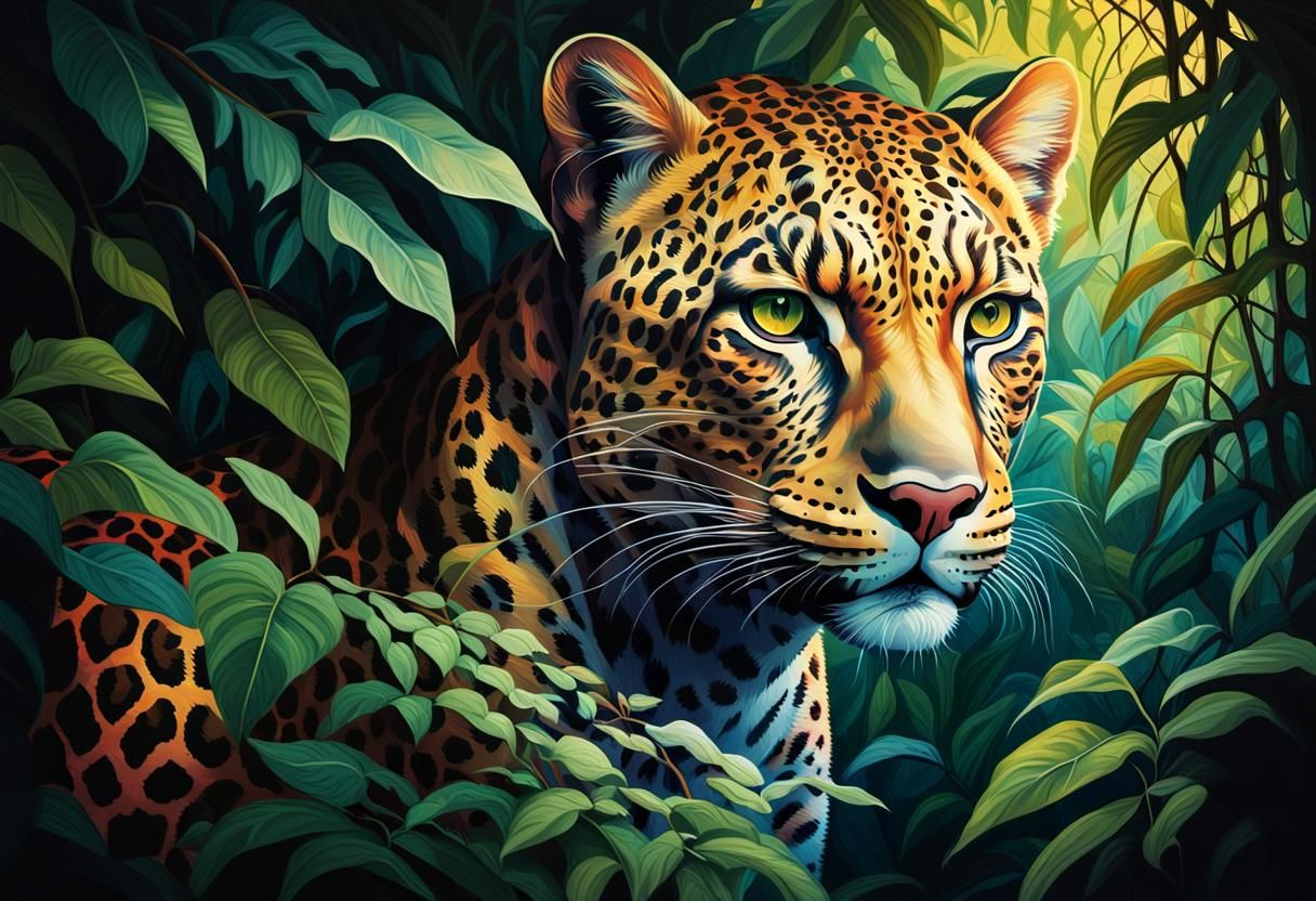 Jungle Leopard in Dense Foliage: Impasto Gouache Painting
